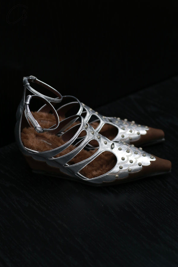 Rui Zhou 24 Autumn and Winter Rivet Colorblock Wedge Heels RUI-RAW24SH01-YIN Silver